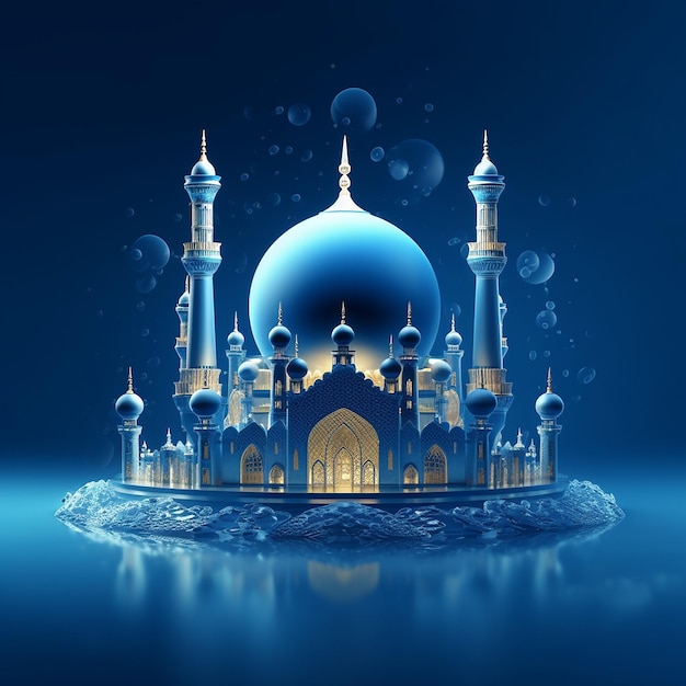 Иллюстрация мечети с голубым куполом над водоемом.