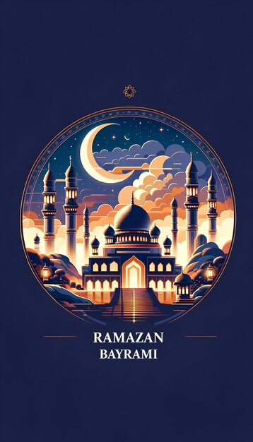 Illustration of mosque with crescent moon for ramazan bayrami