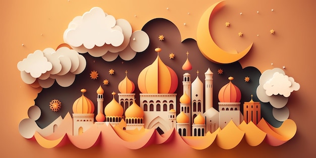 An illustration of a mosque with a moon and stars.