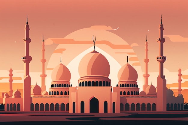 An illustration of a mosque with a sunset background.