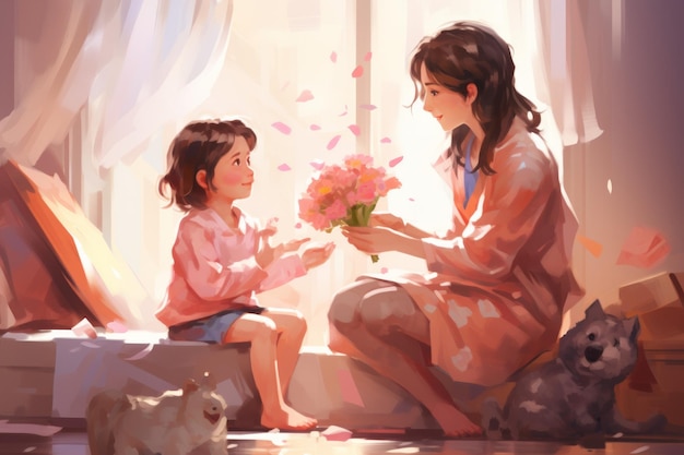 An illustration of a mother and her daughter on Mothers Day