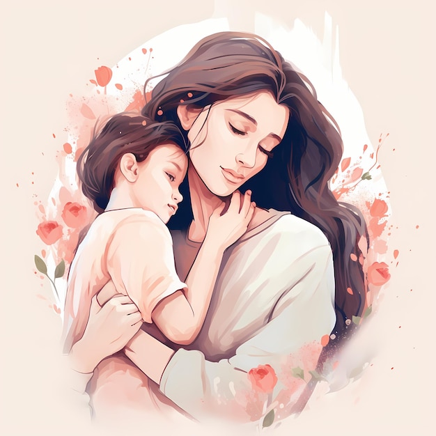 Illustration of mother holding baby son in arms happy mothers day gift card generative ai