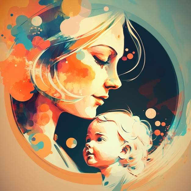 팔에 아기 아들을 들고 어머니의 그림입니다. 해피 어머니의 날 인사말 카드입니다. 생성 AI