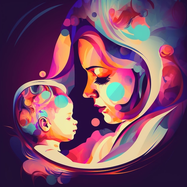 Illustration Of Mother Holding Baby Son In Arms. Happy Mothers Day Greeting Card. generative AI