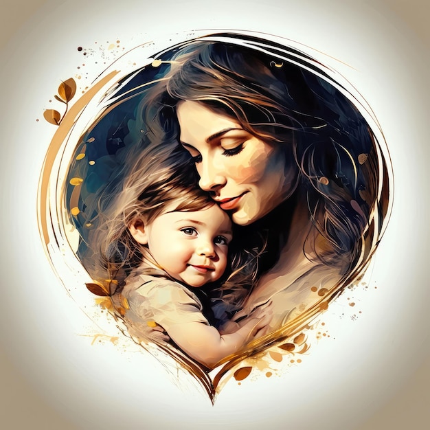 Illustration of mother holding her baby in arms Happy Mother's Day greeting card