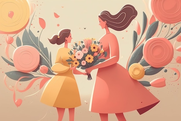 Illustration of mother's day giving a bouquet of flowers generated ai