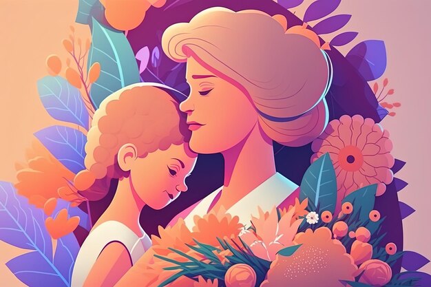 Illustration of mother's day hugging her child generated ai