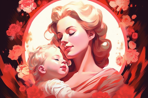 Illustration for mother's day tender embraces of mother and child in divine light generative ai