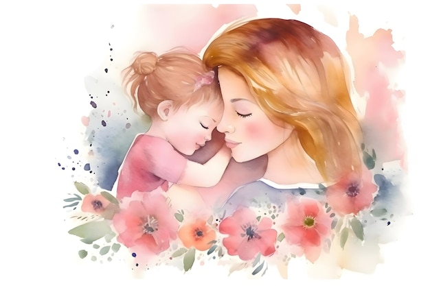 Иллюстрация матери с ребенком и цветами акварелью ко Дню матери Генеративный AI