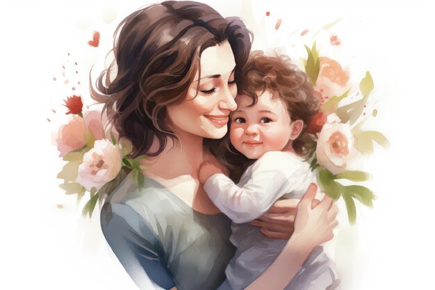 Illustration of mother with her child in white background Concept of mothers day