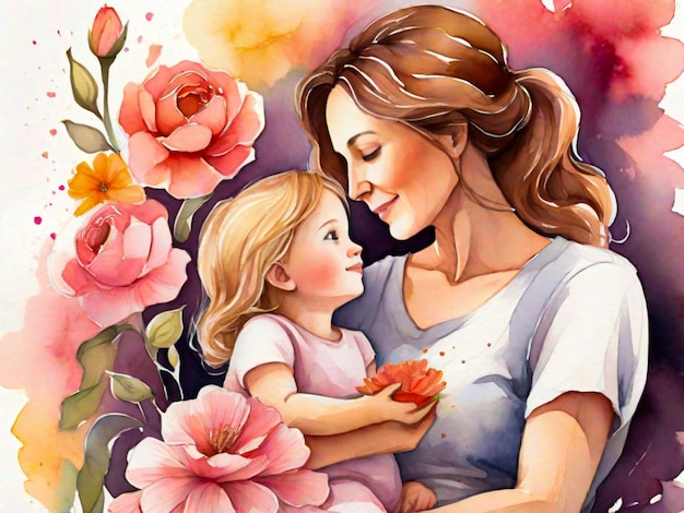 Illustration of mother with her little child flower in the background concept of mothers day