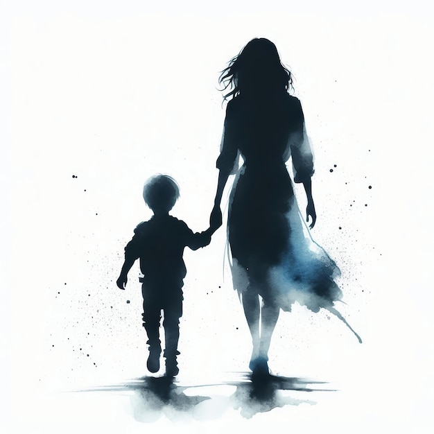 Foto illustration for mothers day with a silhouette of mother and son holding hands