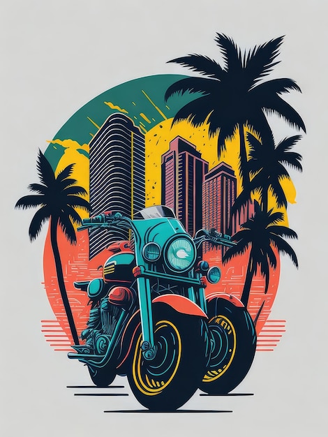 Illustration of a motorcycle parked in front of palm trees created with Generative AI technology