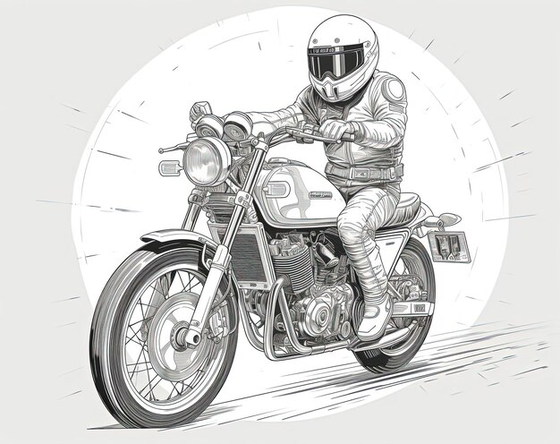 Photo an illustration of a motorcycle rider in the saddle in the style of line drawing