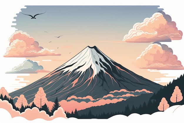 パステルカラーの富士山のイラスト