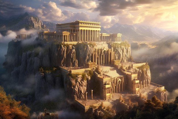 Illustration of Mount Olympus with grand temples and mythical creatures modern aesthetic