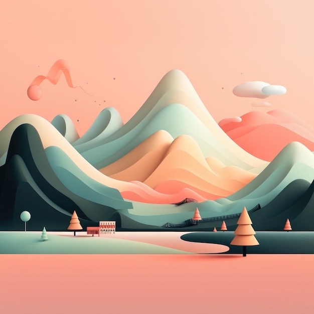 Illustration mountain color pastel and black stroke of a landing page for website Generative Ai