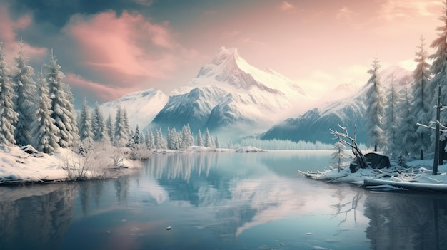 a illustration of a mountain lake surrounded by snow