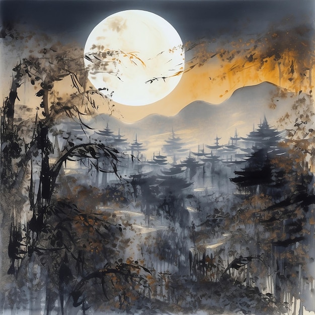 Иллюстрация горного пейзажа в китайском стиле