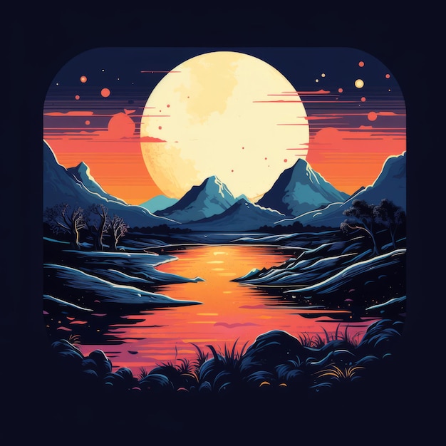 an illustration of a mountain landscape with a full moon in the sky