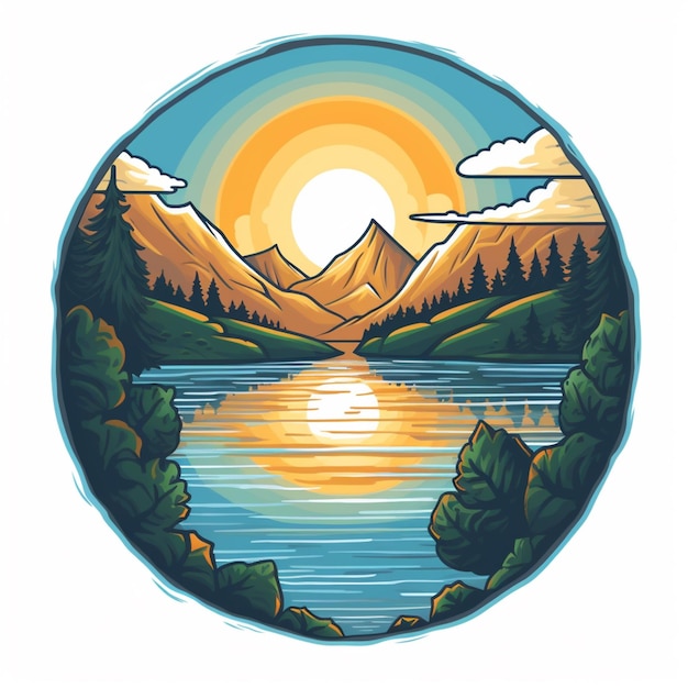 Illustration of a mountain landscape with a lake and mountains in the background.