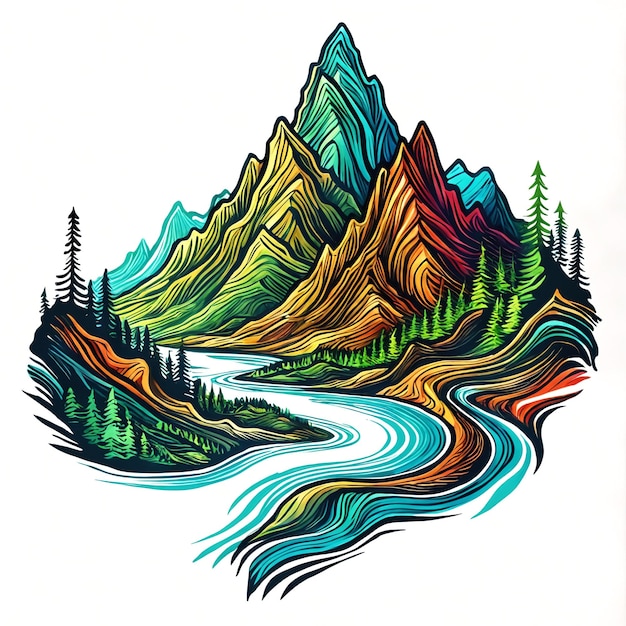 The illustration of a mountain landscape with a river flowing through it The mountains in the background vary in height and color adding depth and dimension to the artwork