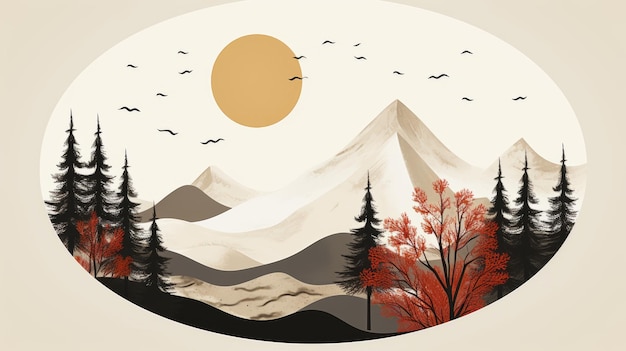 an illustration of a mountain landscape with trees and birds