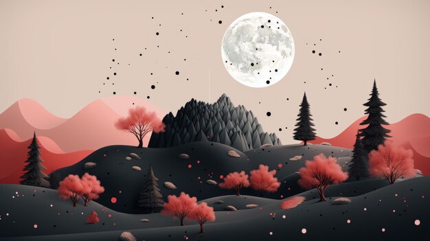 an illustration of a mountain landscape with trees and a full moon