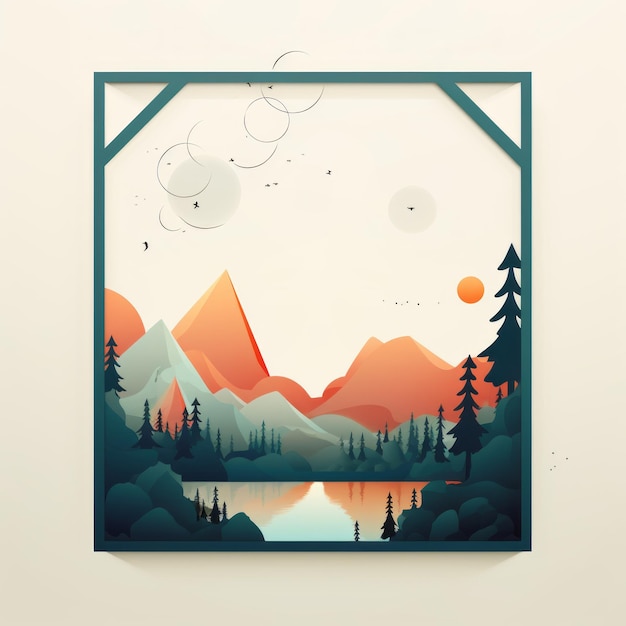 Photo an illustration of a mountain landscape with trees and a lake