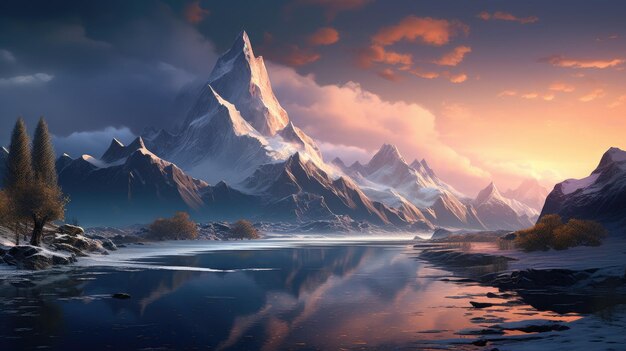 a illustration of a mountain range with a lake in the foreground