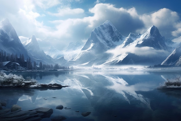 a illustration of a mountain range with a lake in the foreground