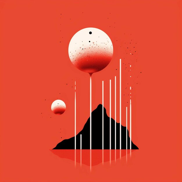 Illustration of a mountain and a red ball on a red background