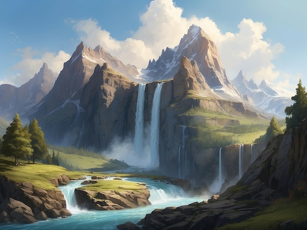 иллюстрация горного водопада с дневным видом