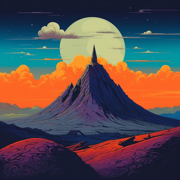 illustration of a mountain with a full moon in the background generative ai