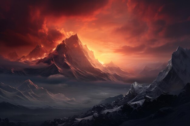 Photo a illustration of a mountain with a red sky in the background