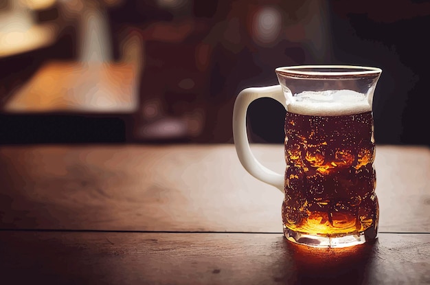 Illustration of a mug of cold beer on a wooden table