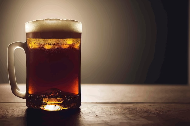 Illustration of a mug of cold beer on a wooden table