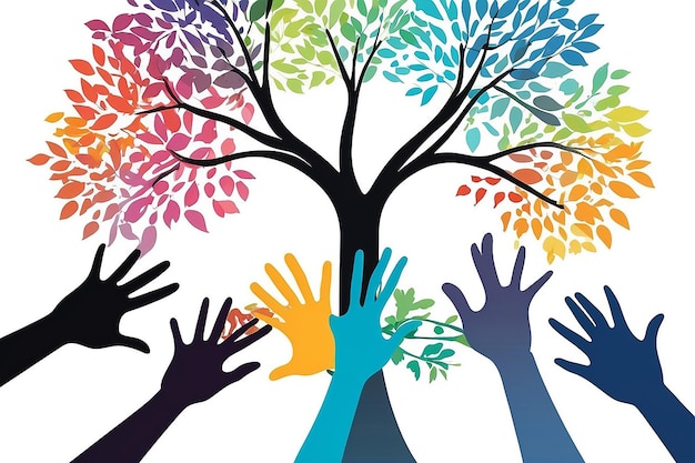 Иллюстрация многоцветных рук на фоне силуэтов деревьев, символизирующих рост, единство и любовь