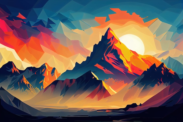 Illustration multicolored sunrise in the mountains Generative AI