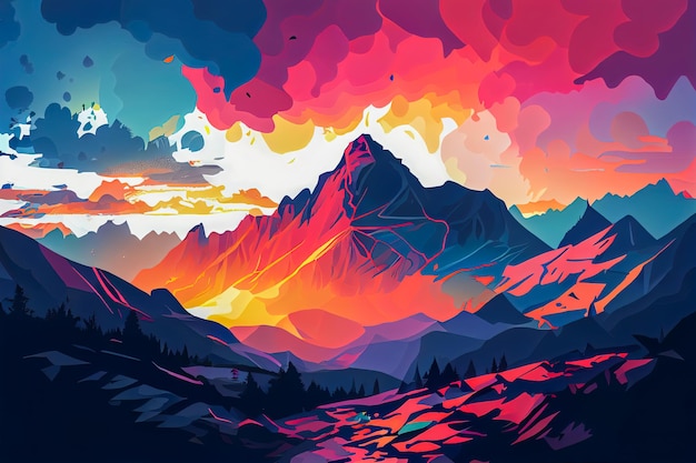 Illustration multicolored sunrise in the mountains Generative AI