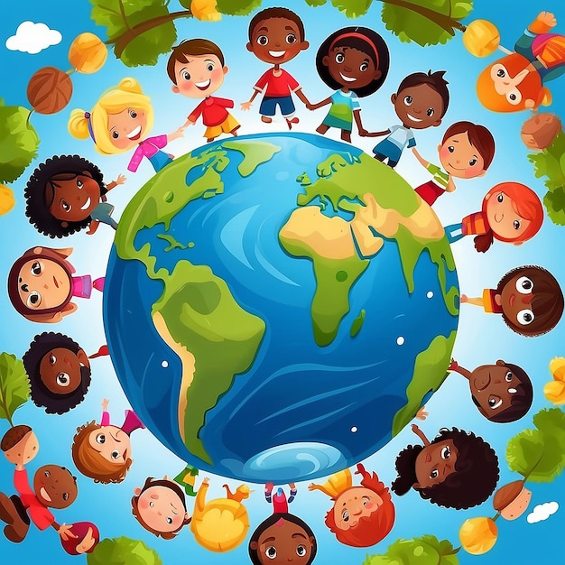 Foto illustrazione di cartoni animati per bambini multiculturali sul pianeta terra