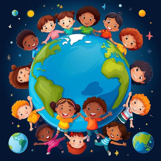 Photo illustration of multicultural children cartoon on planet earth