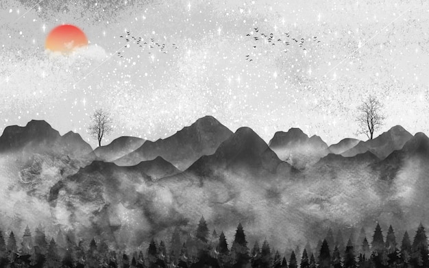 illustration mural landscape wallpaper golden black and gray mountains and trees in light