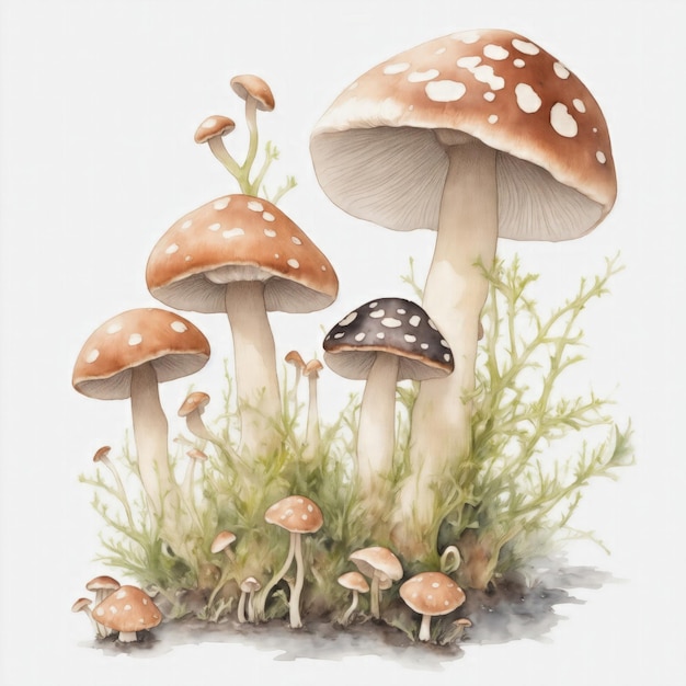 Illustration of Mushrooms in the style of watercolor on a white background