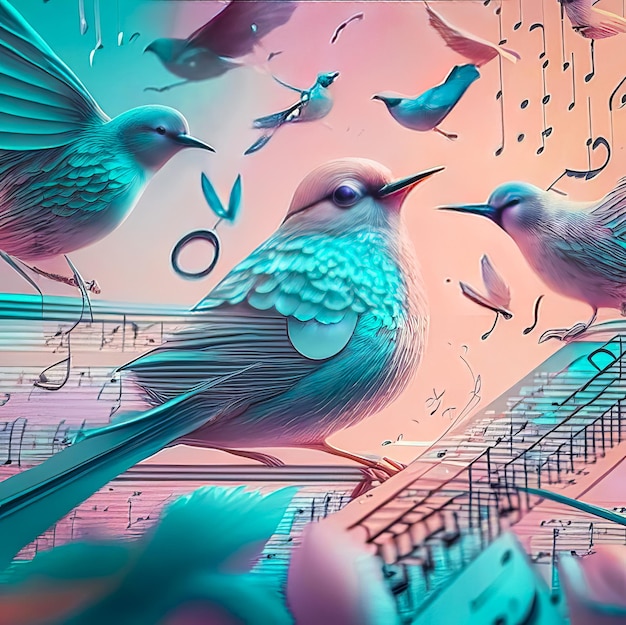 Illustration of music notes and birdsong in pastel colors