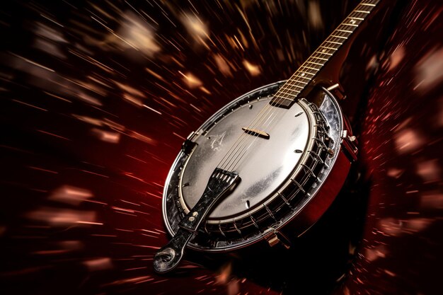 Foto illustrazione di una composizione musicale per banjo telephoto lenses generative ai