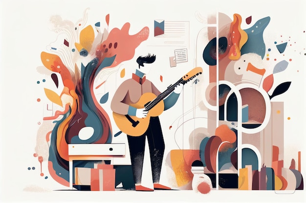 Иллюстрация музыканта, играющего на гитаре и поющего на сцене. Создано с помощью технологии генеративного искусственного интеллекта.