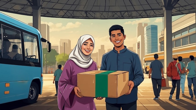 illustration of a Muslim Asian man and woman