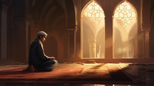 Illustration of Muslim Boy Praying in Mosque