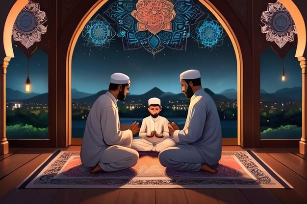 Illustration Of Muslim Family Praying Before Meal On Mat In Front of Mandala Islamic Window At Night